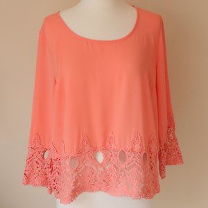 BLU PEPPER Lace Trim Blouse Size L Tangerine Color NWT